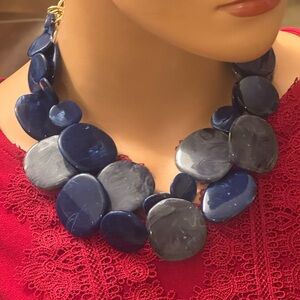 Alisha D navy blue & deep gray marbleized disc beaded statement necklace